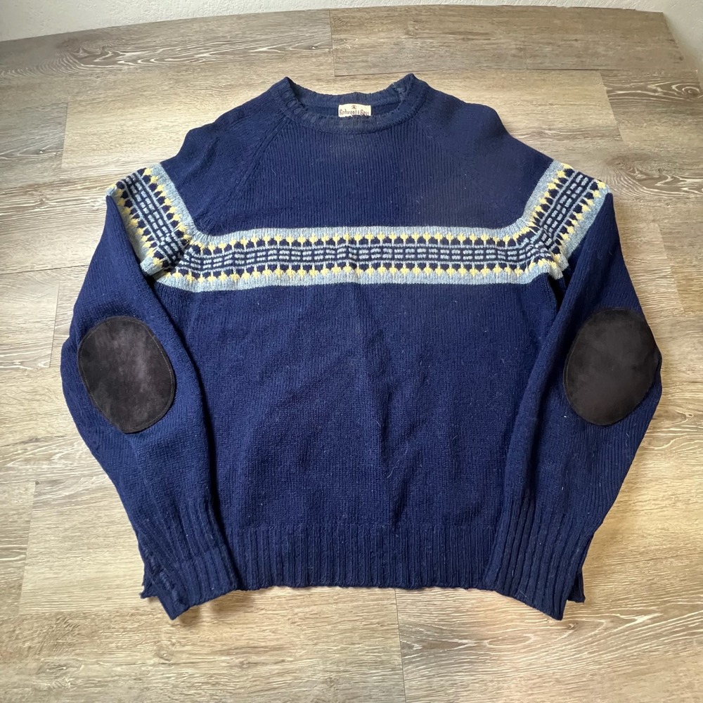 Redwood & Ross Sweater Mens Large Navy Blue Shetland Wool Fair Isle Elbow Patch